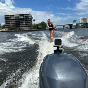E-Sea Camera Mount holding GoPro mounted on outboard motor